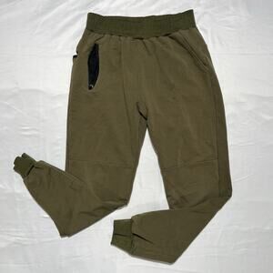Olive Green Jogger Sweatpants Elastic Waist Zip Pocket Cuffed Ankle Size L